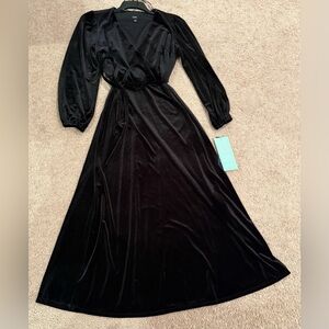 MSK Womens S Black Velvet Faux Wrap Ankle Length Long Sleeve Sash Belt Dress NWT